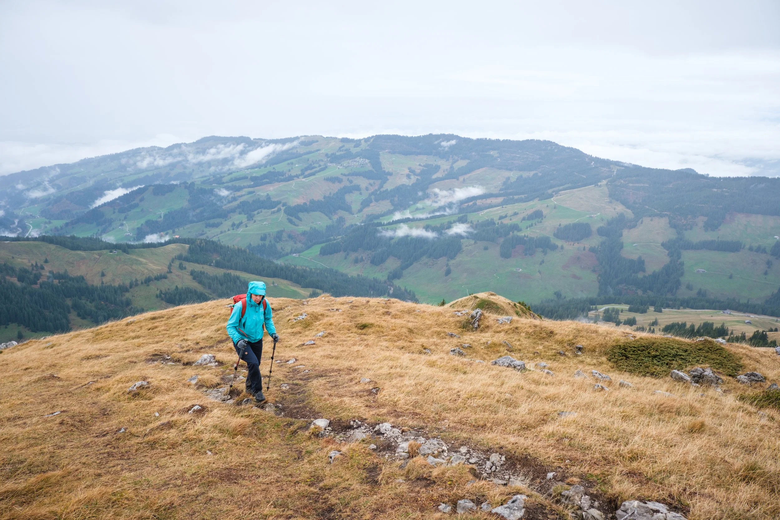 Eine Person beim Wandern auf einer bergigen Wiese, umgeben von einer Landschaft mit Hügeln und Wäldern, bewölktem Himmel.