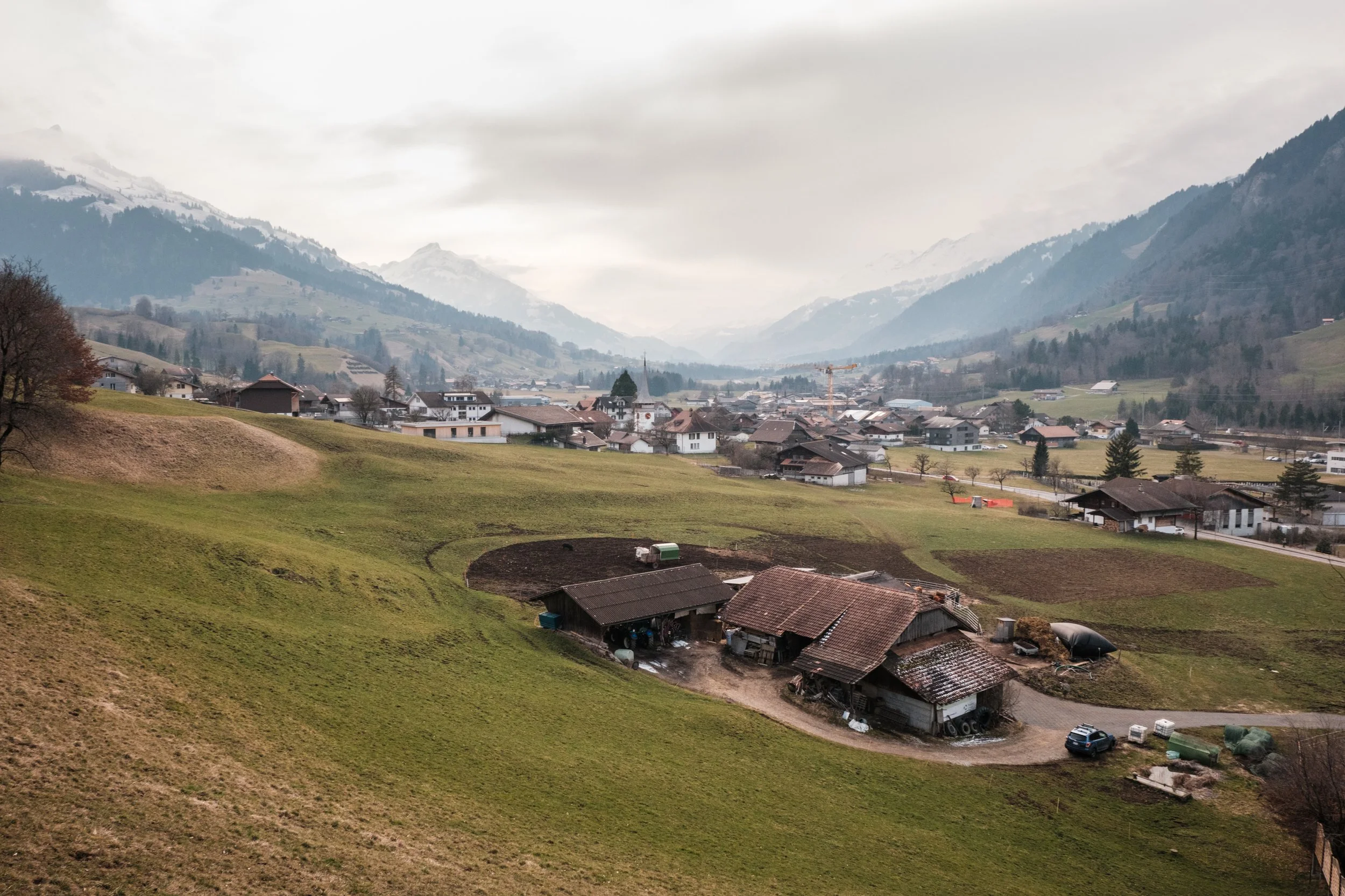 Landschaft eines Tals mit grünem Ackerland, Bauernhäusern und Bergen im Hintergrund, bewölkter Himmel.
