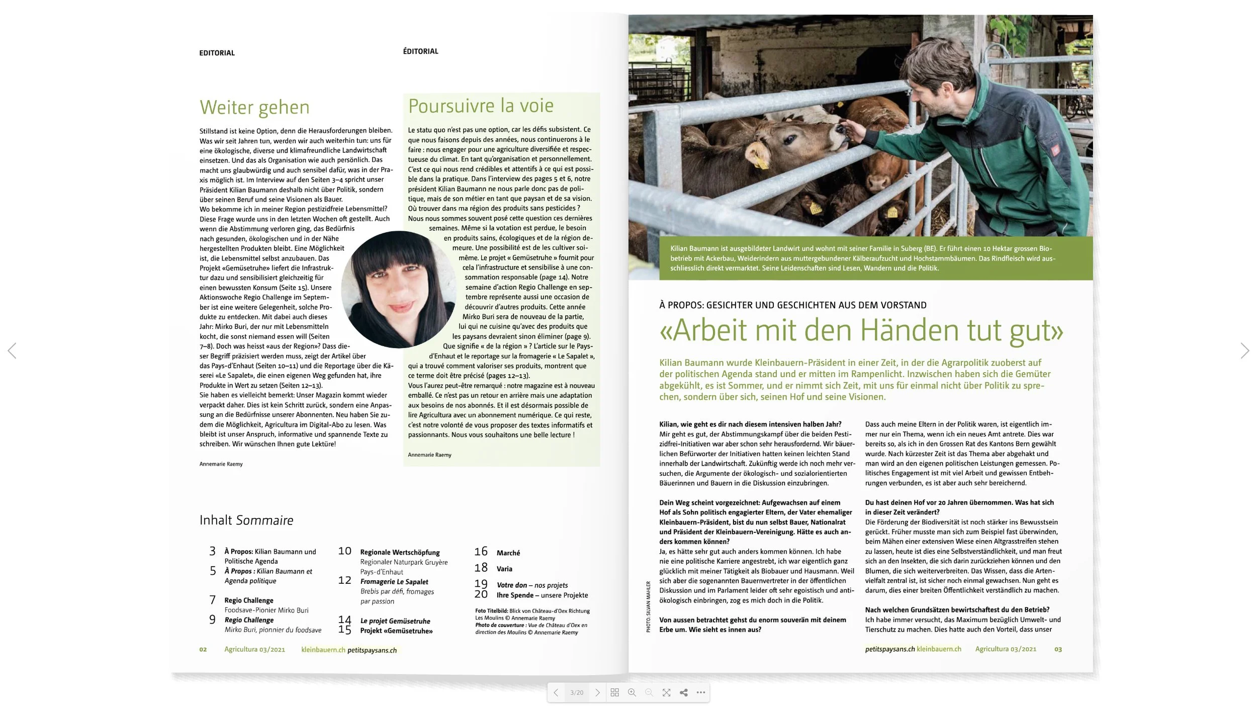 Zwei offene Magazinseiten mit Text und Bildern. Die linke Seite zeigt Porträts von Personen, die rechte Seite einen Mann, der eine Kuh streichelt, auf einem Bauernhof.
